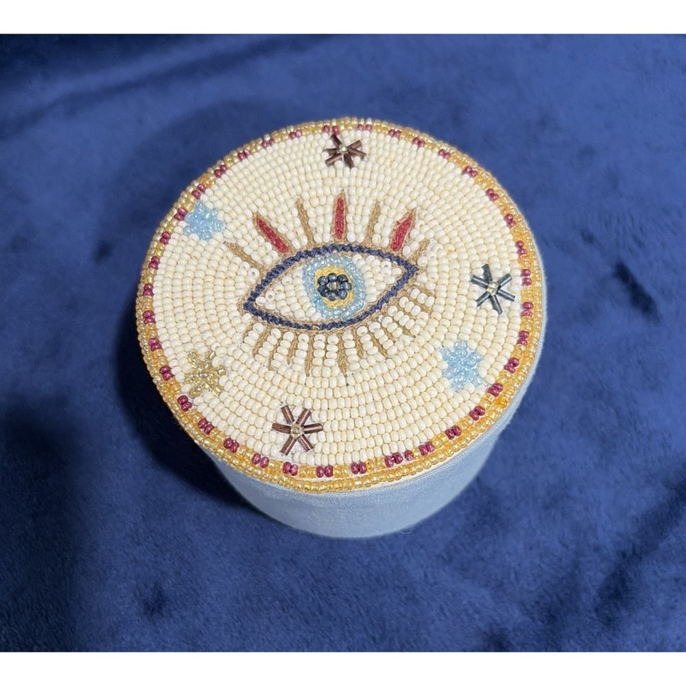 Anthropologie Beaded Fortune Lidded Jewelry Trinket Box Evil Eye